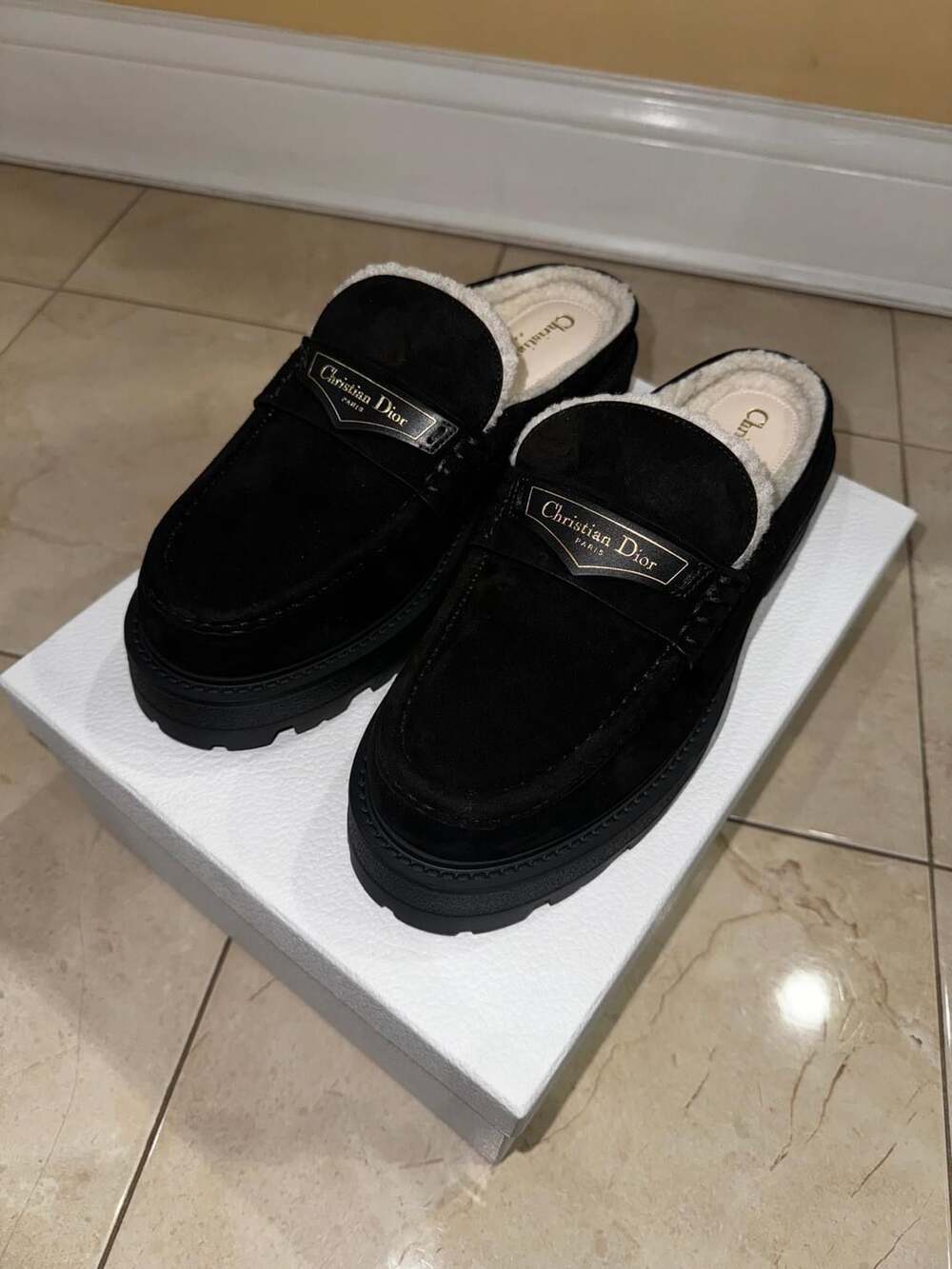 Christian Dior Boy Mule Black Suede Shearling Slide